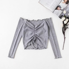 Long Sleeve Crop Top with Ruching and Off-Shoulder Design