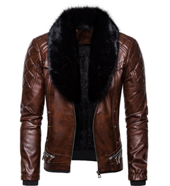 Stylish Solid Color Men's Leather Jacket with Fur Collar