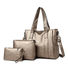 Classic Solid Color Faux Leather Bag Set (Large Capacity)
