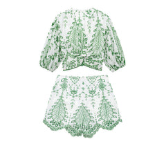 Embroidered V-Neck Crop Top and High-Waist Shorts