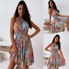 Boho Floral Backless Dress with Pleated Skirt