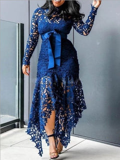Long-sleeved Stand-up Collar Irregular Tie Dress