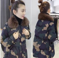 Slim Fit Camouflage Down Coat with Thick Fur Collar