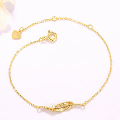 Custom Pearl and Feather Leaf Bracelet for Women