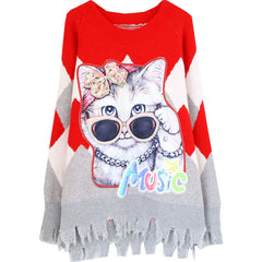 Autumn Cat Sequin Knit Sweater - Loose Fit, Casual
