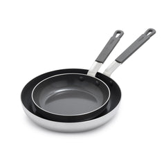 GreenPan x Bobby Flay Stainless Steel 8” & 10” Frying Pan Skillet Set Professional Grade Tri Ply PFAS-Free Ceramic Nonstick Induction Suitable Dishwasher & Oven Safe Stay Cool Handle