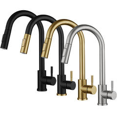 Retractable Gold and Black Kitchen Faucet with Swivel