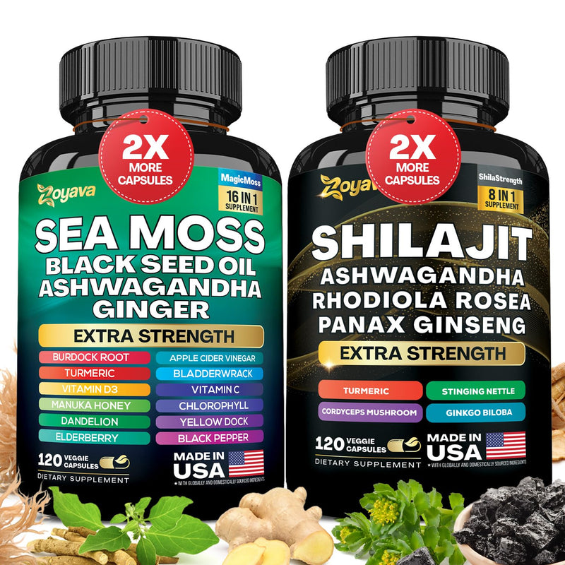 Zoyava Dynamic Vitality Bundle - Sea Moss 7000mg Black Seed Oil 4000mg Ashwagandha 2000mg Ginger & Shilajit 9000mg Rhodiola Rosea 1000mg Panax Ginseng 1500mg All in 1 Supplements (2 Pack)