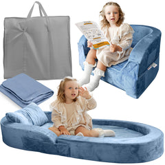 Sleepah Toddler Travel Bed & Chair – Foam Raised Safety Bumpers (55" x 26" x 8") – Foldable Portable Cot for Children 18M – 6yr Old - Fold Out Sofa Couch Lounger with Sheet Pillow & Case (Blue)