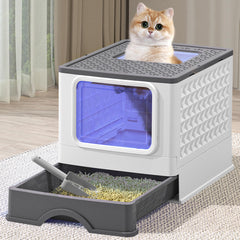 GeerDuo Foldable Cat Litter Box with UV Enclosed Plastic Cat Litter Box with Handy Litter Scoop Top Exit Anti-Splashing Cat Toilet Drawer Type Cat Toilet (Light Gray)