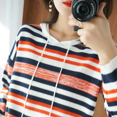 Loose Hooded Striped Sweater for Women with Long Sleeves