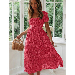 Women's Floral Dress with Square Neck and Bubble Sleeves
