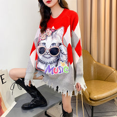 Autumn Cat Sequin Knit Sweater - Loose Fit, Casual
