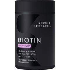 Sports Research Max Strength Vegan Biotin 10000mcg with Organic Coconut Oil - Helps to Maintain Healthy Hair Nails and Skin - Great for Women & Men - 120 Veggie Softgels