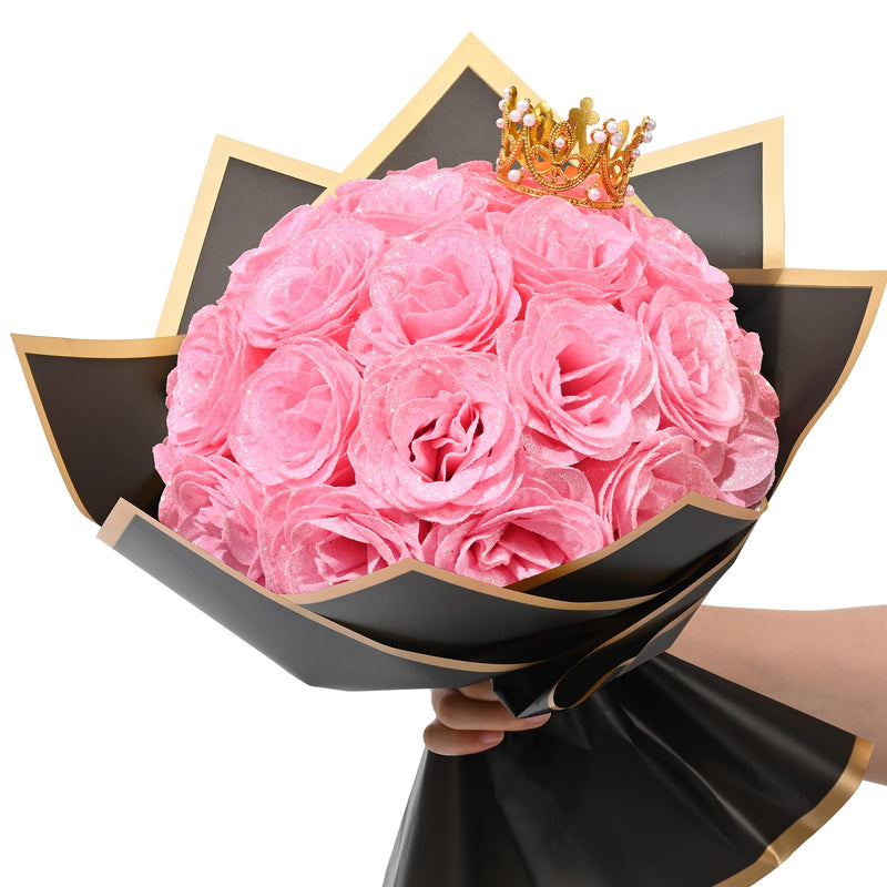 Waipfaru Pink Glitter Roses Bouquet DIY Fake Flowers Bouquet Everlasting Shiny Artificial Rose Bouquet for Valentines Day Anniversary Engagement Wedding 24 Roses