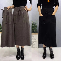Korean Retro Knitted Wool Long Skirt with Pockets