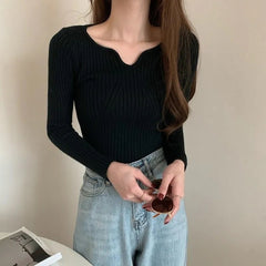 Korean V-Neck Slim Knit Sweater for Women